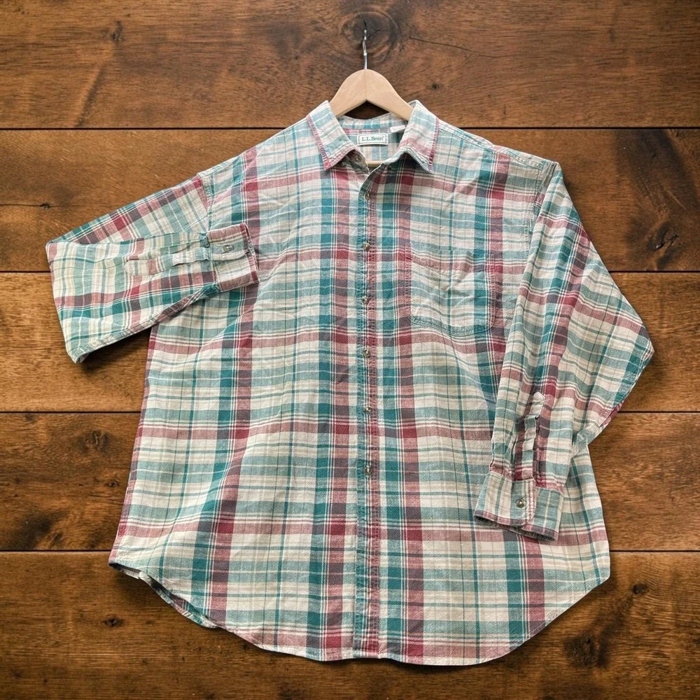 Vintage LL Bean Mens XL Linen Cotton Plaid Shirt Teal Burgundy Long Sleeve